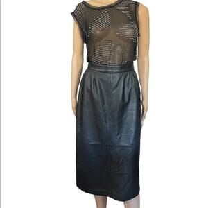 Vintage Design Assets genuine leather black pleated pencil skirt size 6